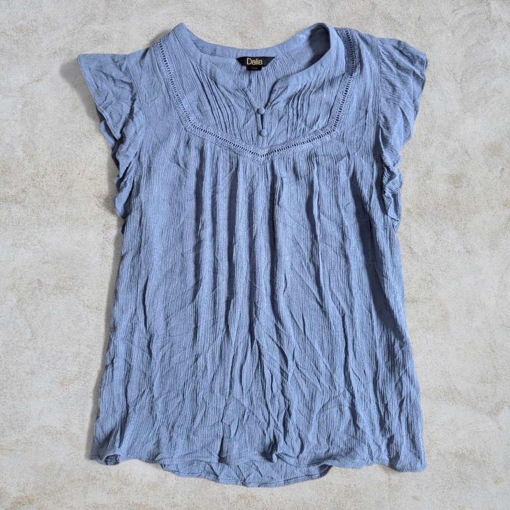 🌈Women's Blue Short Ruffle Sleeve Embroidered Blouse S Y2K Fairy